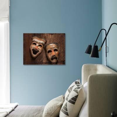 Golden comedy and tragedy masks on patterned leather Canvas Wall
