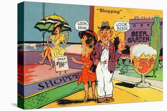 Comic Cartoon - Shopping Scene; Woman Says Look Dear, Husband Says Look Beer-Lantern Press-Stretched Canvas