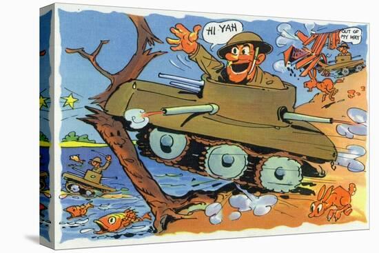 Comical Military Cartoon - Soldiers in Tanks Creating Chaos, c.1942-Lantern Press-Stretched Canvas