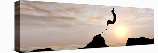 Concept or Conceptual Young Man or Businessman Silhouette Jump Happy from Cliff over Water Gap Suns-bestdesign36-Premier Image Canvas