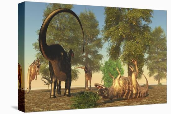 Confrontation Between an Apatosaurus and a Group of Ceratosaurus-Stocktrek Images-Stretched Canvas