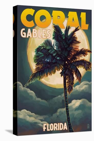 Coral Gables, Florida - Palms and Moon-Lantern Press-Stretched Canvas
