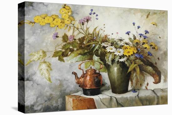 Cornflowers, Daisies and Other Flowers in a Vase by a Kettle on a Ledge-Carl H. Fischer-Premier Image Canvas