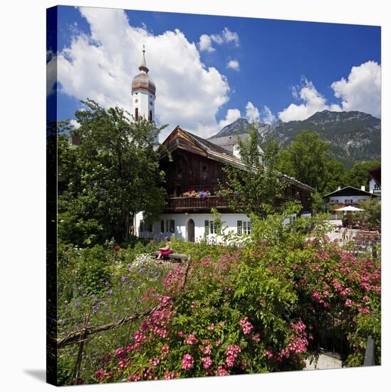 Cottage Garden at Polznkaspar House with Parish Church of St. Martin-null-Stretched Canvas