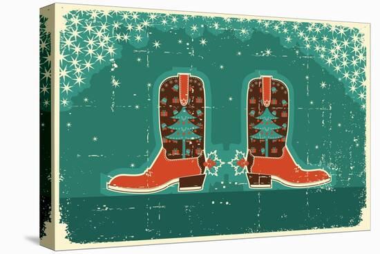 Cowboy Christmas Card with Boots and Holiday Decoration.Vintage Poster-GeraKTV-Stretched Canvas