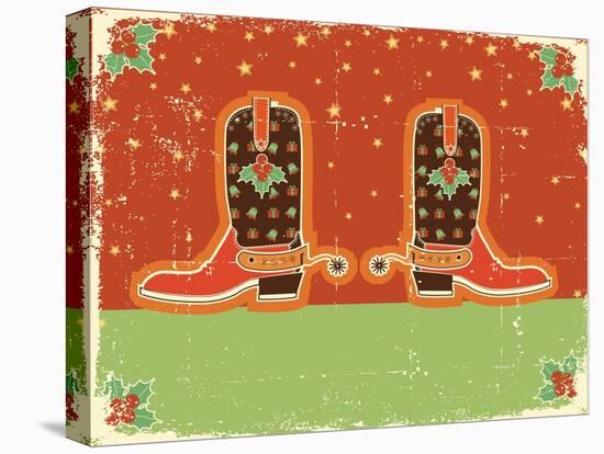 Cowboy Christmas Card with Boots and Holiday Decoration.Vintage Poster-GeraKTV-Stretched Canvas