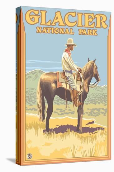 Cowboy on Horseback, Glacier National Park, Montana-Lantern Press-Stretched Canvas