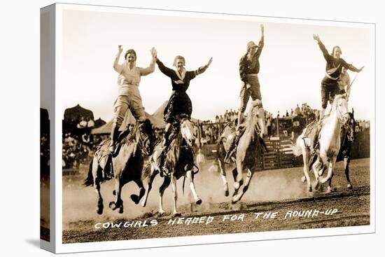 Cowgirls Standing on Horses-null-Stretched Canvas