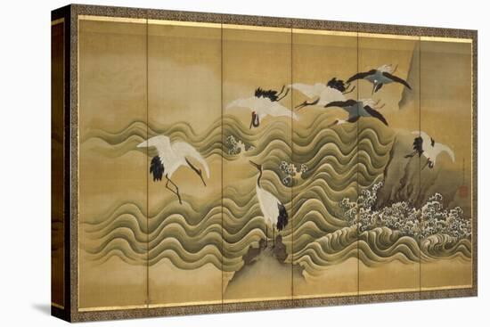 Cranes and Wave, Ink, Colour and Gold on Silk-Tani Bunchu-Premier Image Canvas