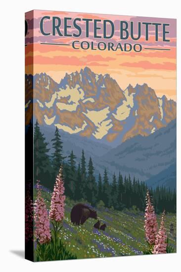Crested Butte, Colorado - Bears and Spring Flowers-Lantern Press-Stretched Canvas