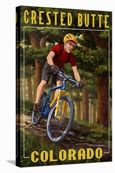 Crested Butte, Colorado - Mountain Biker in Trees-Lantern Press-Stretched Canvas