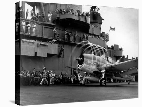 Crew Members on Deck of American Aircraft Carrier, Watching Take-Off of a F6F Hellcat-null-Premier Image Canvas