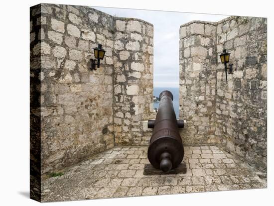 Croatia, Hvar. Cannon overlooking the town and coastline from Hvar Fortica or Spanjola Fortress.-Julie Eggers-Premier Image Canvas