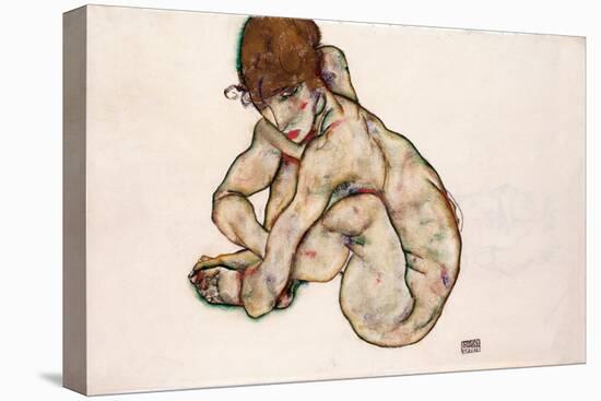 Crouching Nude Girl - Schiele, Egon (1890-1918) - 1914 - Black Chalk, Gouache on Paper - 31,5X48,2-Egon Schiele-Premier Image Canvas