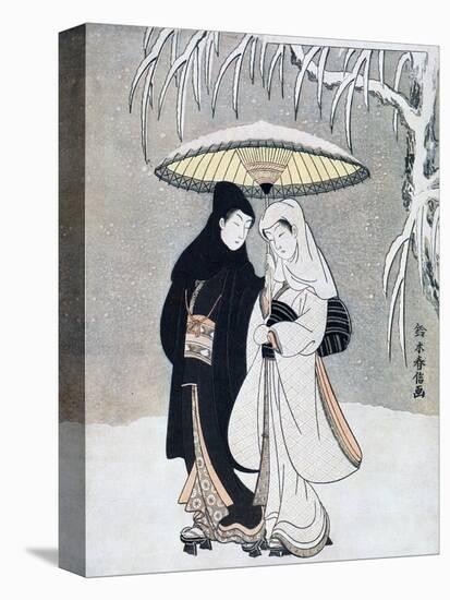 Crow and Heron, or Young Lovers Walking Together under an Umbrella in a Snowstorm, C1769-Suzuki Harunobu-Premier Image Canvas