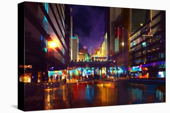 Crowds of People at a Busy Crossing in the Night with Neon Lights,Digital Painting-Tithi Luadthong-Stretched Canvas