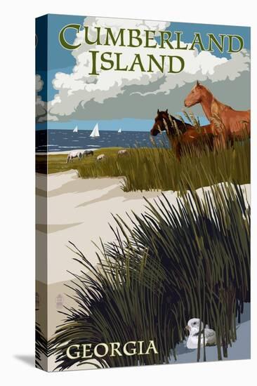 Cumberland Island, Georgia - Horses and Dunes with Boats-Lantern Press-Stretched Canvas