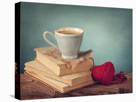 Cup of Coffee Standing on Old Books and Wool Heart-egal-Premier Image Canvas