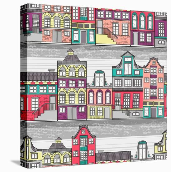 Cute Amsterdam Houses Seamless Pattern-cherry blossom girl-Stretched Canvas