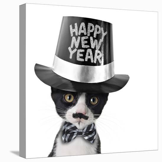 Cute Black and White Kitten with Moustache, Bow Tie and Happy New Year Hat-Hannamariah-Premier Image Canvas