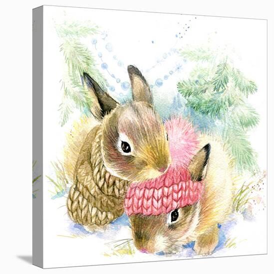 Cute Bunny in Winter Forest. Cute Rabbit Watercolor Drawing. Bunny Illustration for Christmas Greet-Faenkova Elena-Stretched Canvas