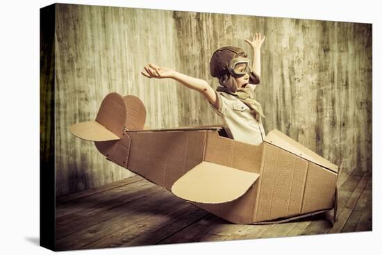 Cute Dreamer Boy Playing with a Cardboard Airplane. Childhood. Fantasy, Imagination. Retro Style.-prometeus-Premier Image Canvas