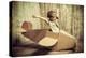 Cute Dreamer Boy Playing with a Cardboard Airplane. Childhood. Fantasy, Imagination. Retro Style.-prometeus-Premier Image Canvas