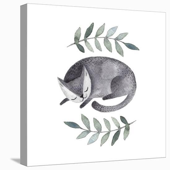 Cute Gray Sleeping Cat. Watercolor Kids Illustration with Domestic Animal. Sleeping Lovely Pet. Han-Maria Sem-Stretched Canvas