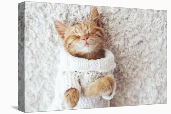 Cute Little Ginger Kitten Wearing Warm Knitted Sweater is Sleeping on the White Carpet-Alena Ozerova-Premier Image Canvas