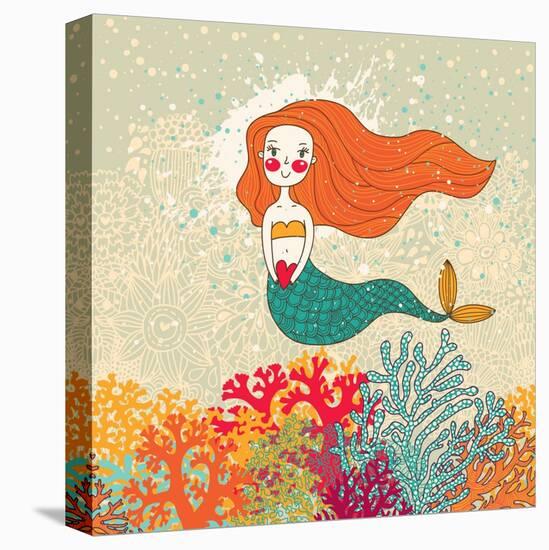 Cute Mermaid in Corals. Bright Cartoon Background in Vector. Childish Card-smilewithjul-Stretched Canvas