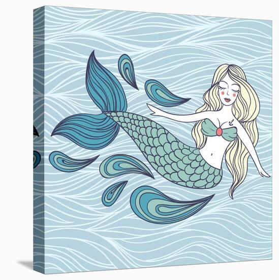 Cute Mystical Mermaid.Deep Ocean.Vector Illustration.Waves Background.-Maria Sem-Stretched Canvas