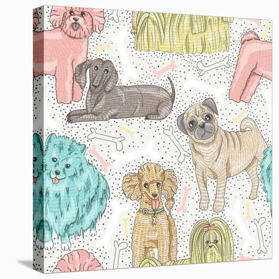 Cute Seamless Vector Pattern with Little Breed Dogs. Bichon, Pug, Spitz, Dachshund, Poodle, Shih Tz-cherry blossom girl-Stretched Canvas