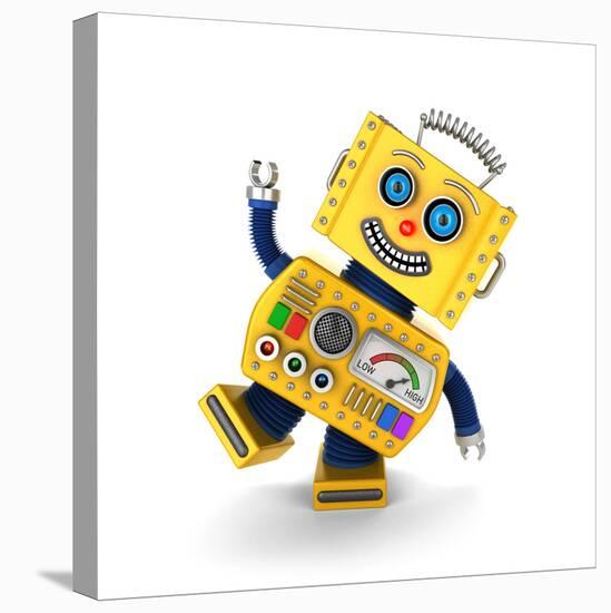 Cute Yellow Vintage Toy Robot over White Background Having Fun-badboo-Stretched Canvas