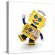 Cute Yellow Vintage Toy Robot over White Background Having Fun-badboo-Stretched Canvas