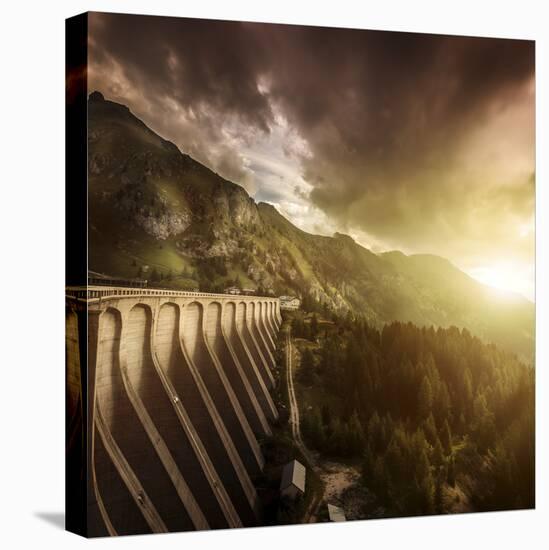 Dam in a Forest on Lake Fedaia at Sunset, Northern Italy-null-Premier Image Canvas