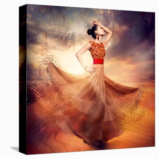Dancing Fashion Woman Wearing Blowing Long Chiffon Dress-Subbotina Anna-Stretched Canvas
