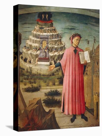 Dante Alighieri with Divine Comedy in His Hand and Mountains of Purgatory in Background-Dante Alighieri-Premier Image Canvas