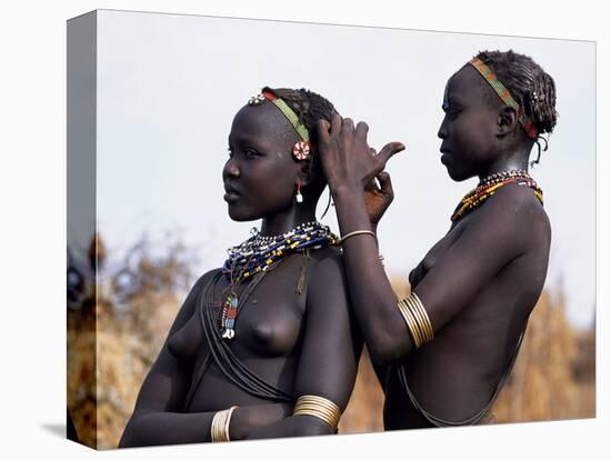 Dassanech Girl Braids Her Sister's Hair at Her Village in the Omo Delta-John Warburton-lee-Premier Image Canvas