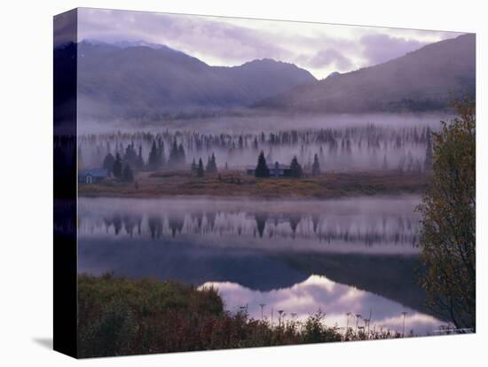 Dawn Mist in Autumnal Colours and Hunters Cabin Closed for the Winter, Kenai Peninsula, Alaska, USA-Jeremy Bright-Premier Image Canvas