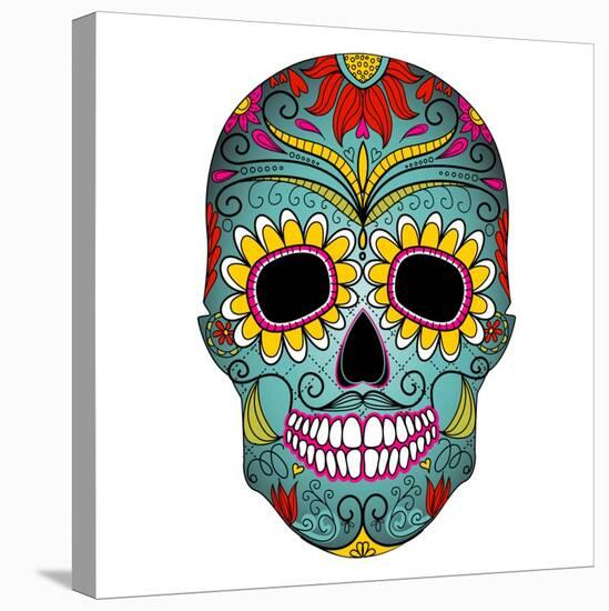 Day of the Dead Colorful Skull with Floral Ornament-Alisa Foytik-Stretched Canvas