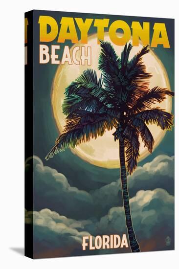 Daytona Beach, Florida - Palms and Moon-Lantern Press-Stretched Canvas