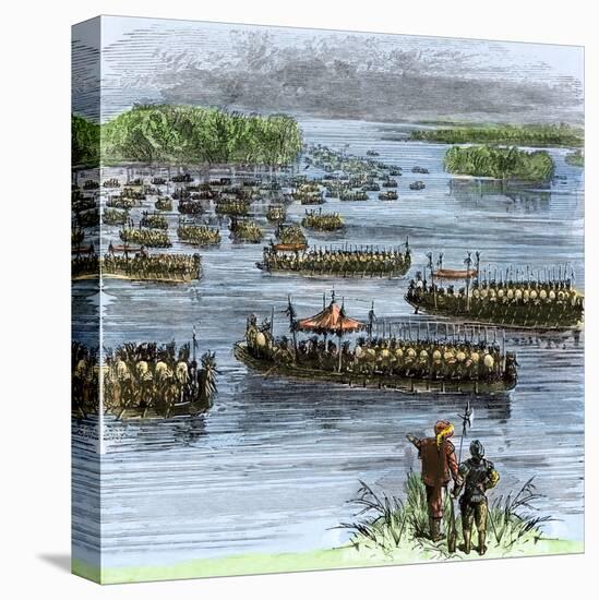 De Soto's Expedition Met by Chief Aquixo's Native Americans on the Mississippi River, c.1542-null-Premier Image Canvas