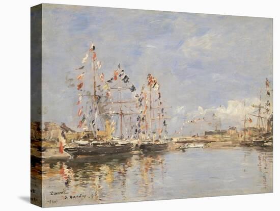 Deauville, Flag-Decked Ships in the Inner Harbour, 1896 (Oil on Panel)-Eugene Louis Boudin-Premier Image Canvas