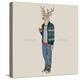 Deer Hipster Drinking Coffee-Olga_Angelloz-Stretched Canvas