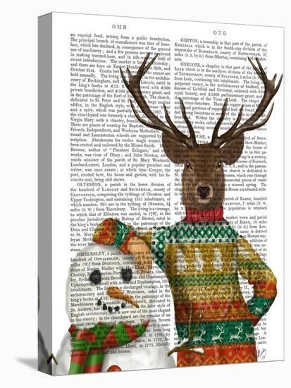 Deer in Christmas Sweater with Snowman-Fab Funky-Stretched Canvas