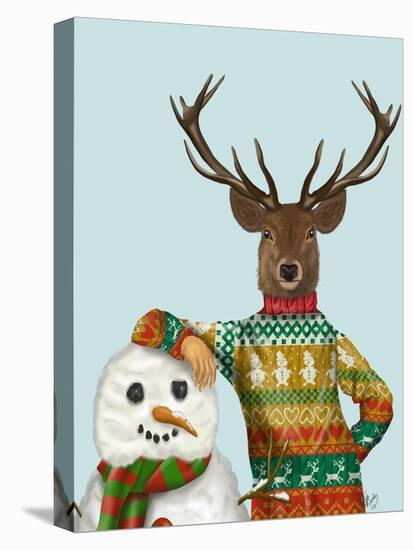 Deer in Christmas Sweater with Snowman-Fab Funky-Stretched Canvas