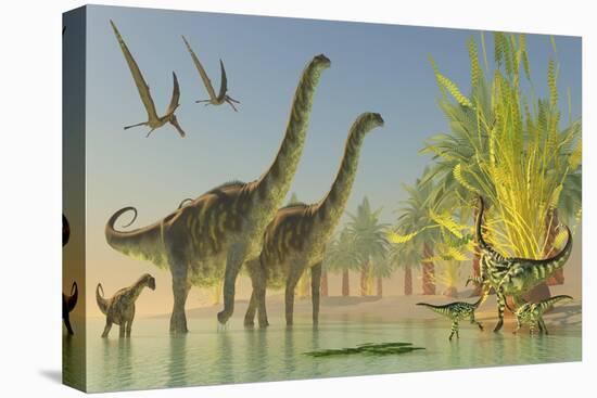 Deinocheirus Dinosaurs Watch a Group of Argentinosaurus Walk Through Shallow Waters-null-Stretched Canvas