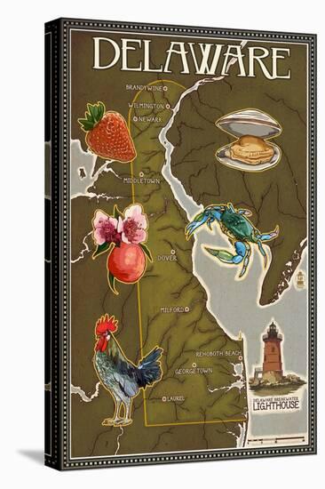 Delaware Map and Icons-Lantern Press-Stretched Canvas