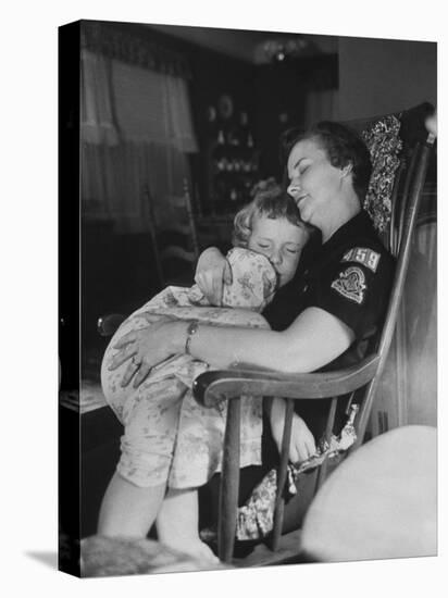 Den Mother Still in Uniform, Sleeping While Holding Her Daughter-null-Premier Image Canvas