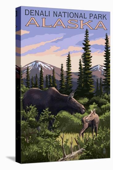 Denali National Park, Alaska - Moose and Calf-Lantern Press-Stretched Canvas